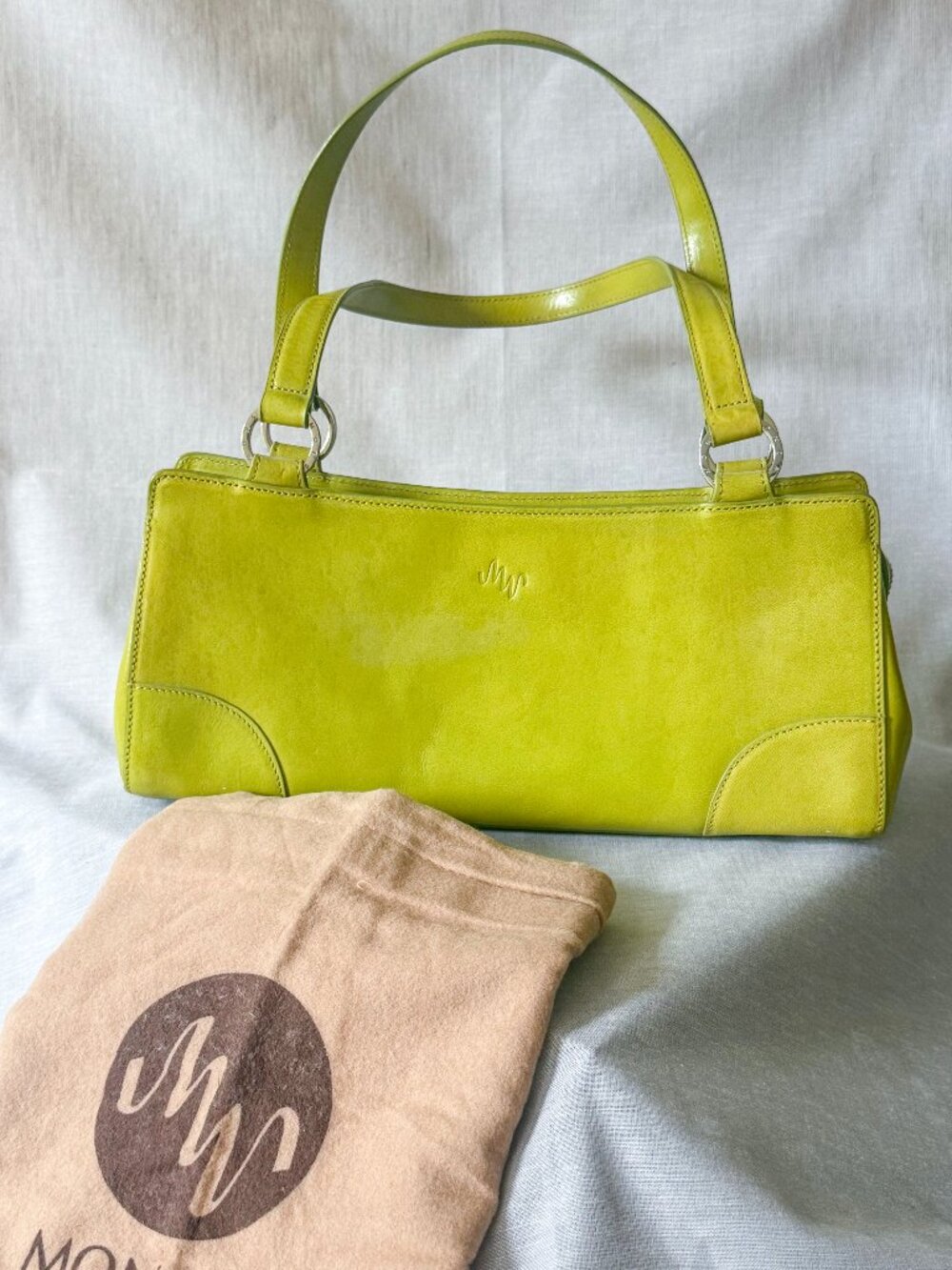 Monsac Y2K Lime Green Leather East West Shoulder Bag Small Baguette 2000s